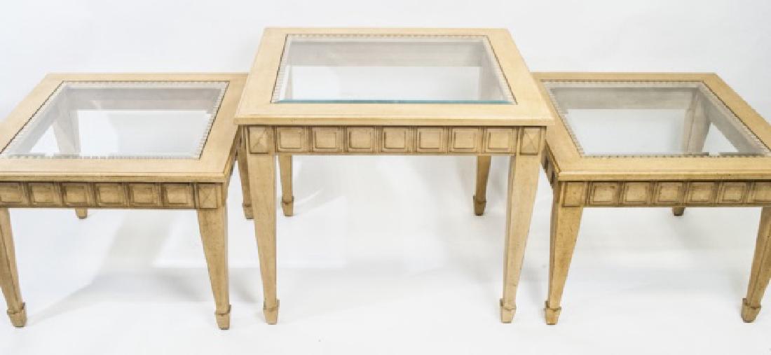 3 Carved Blonde Wood End Tables w Glass Top (1 of 6)