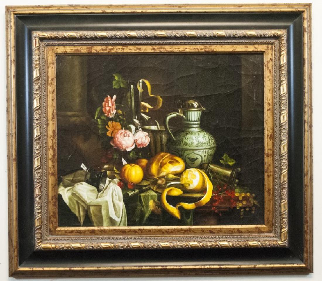 Framed Still Life with Flowers & Lemons: Framed Still Life on canvas with Flowers & Lemons; unsigned. Having a gold & black frame. Measures 31 x 35 inches.