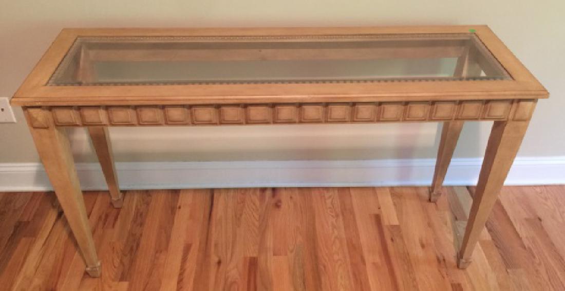 Carved Blonde Wood Console Table w Glass Top (1 of 5)