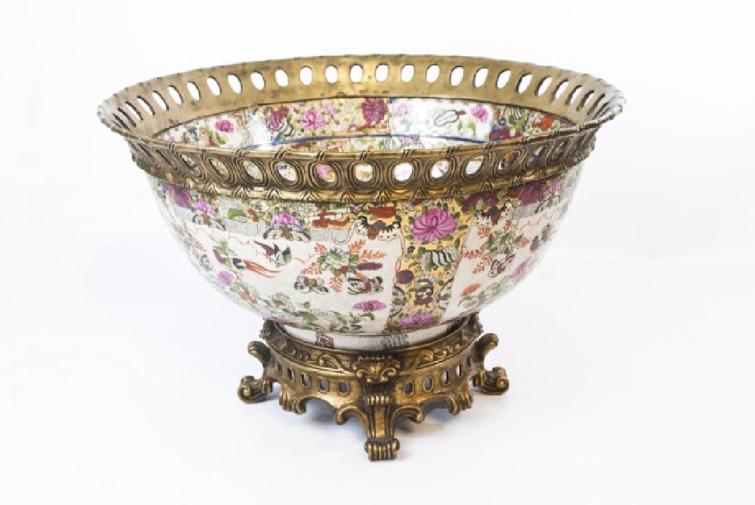 Ornate Chinese Enamel Bowl with Bronze Rim & Base: Ornate Chinese Enamel Bowl with Bronze Tone / Ormolu Reticulated Rim & footed Base. Measures 17 x 11 inches across.