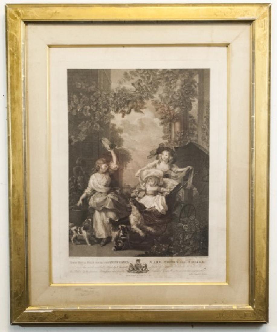 Large Antique Print After John Singleton Copley: Large Antique 19th C Print After John Singleton Copley in Period Gold Frame. Princesses Mary Sophia And Amelia Daughters Of George III. Titled "their royal highnesses the princesses mary, sophia and a