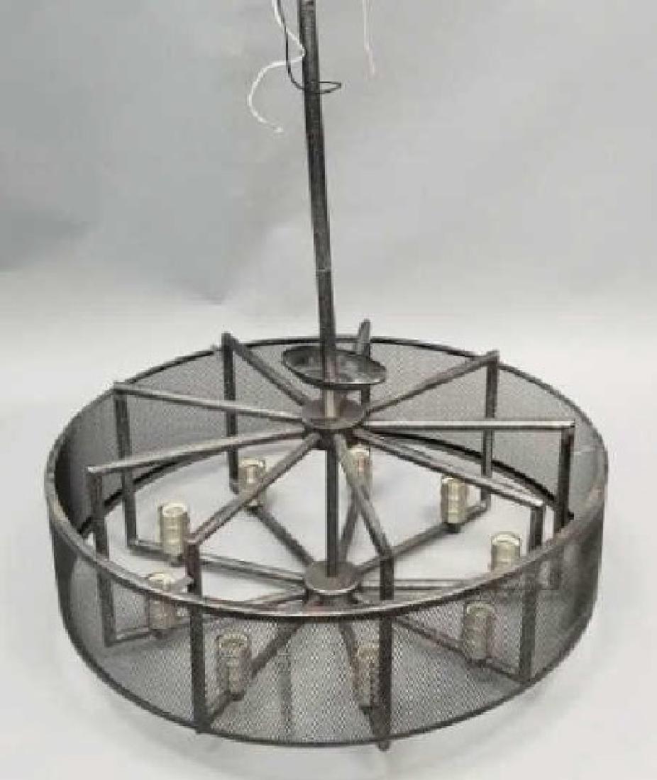 Contemporary Modern Cylindrical Ceiling Chandelier: Modern Cylindrical Ceiling Chandelier. Having a textured charcoal finish, metal mesh sides, and 9 lights. Measures 34 x 27 inches.