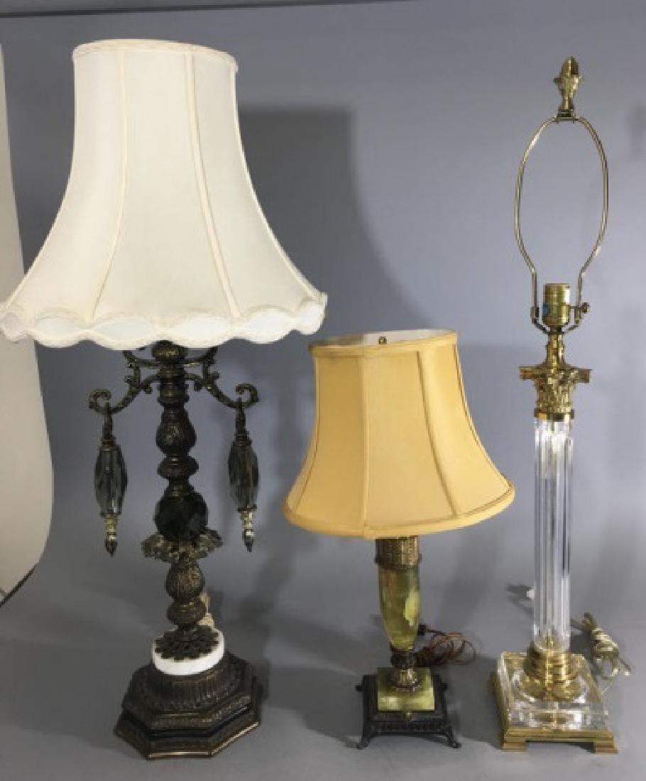 3 Vintage Lamps in Glass Metal & Green Onyx: 3 Vintage Lamps in Glass, Metal & Green Onyx. Tallest measures 38 inches to the top of finial.