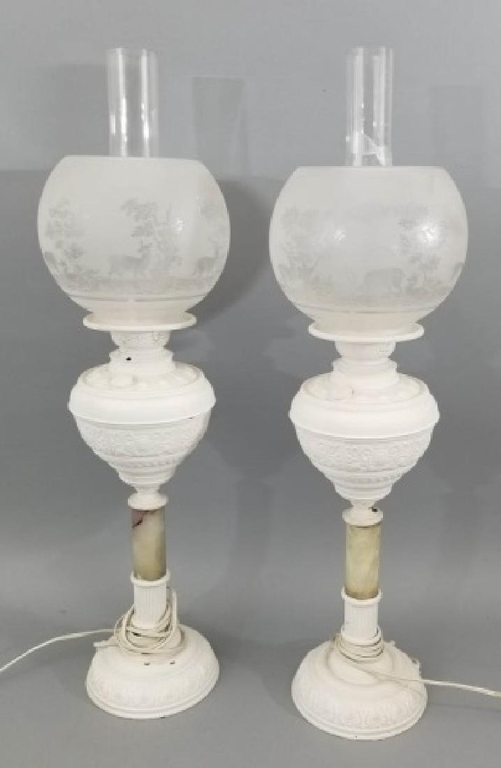 Pair Antique 19th Converted Oil Lamps Onyx Columns (1 of 8)