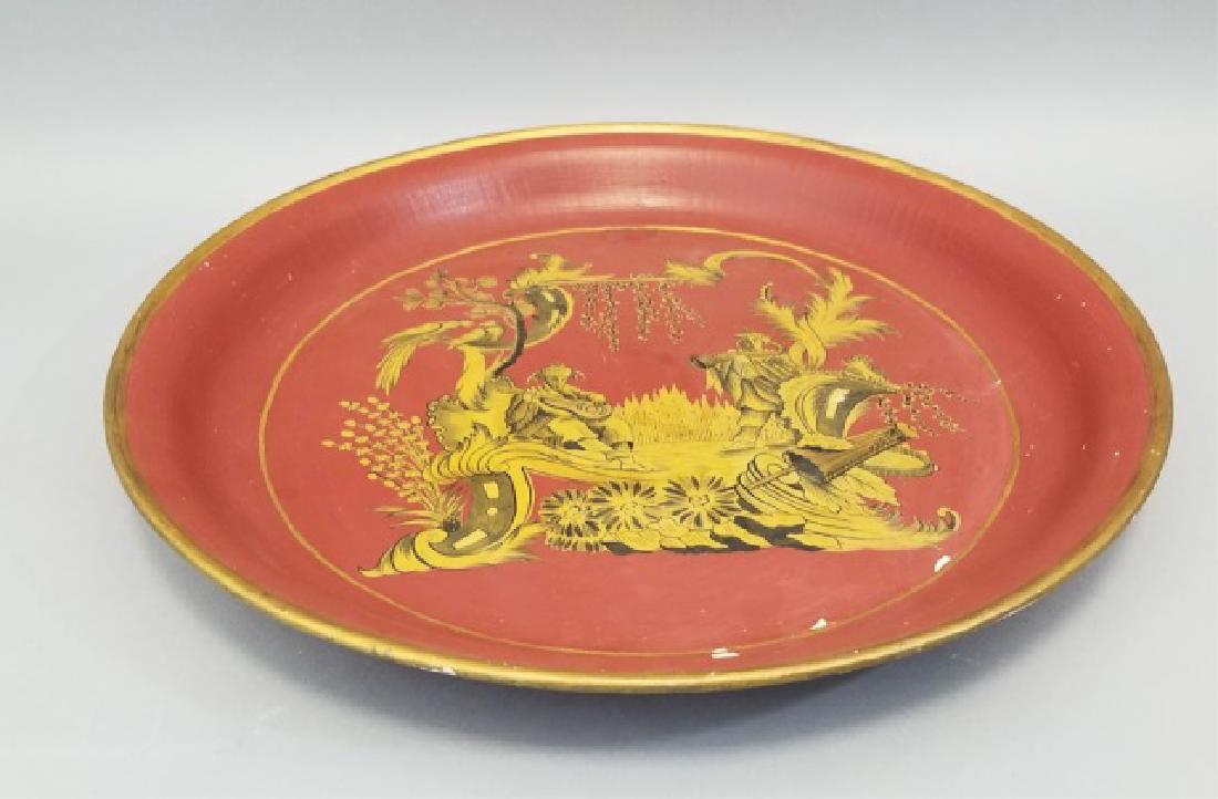 Large Red & Gold Chinese Style Round Serving Tray: Large Red & Gold Chinese Style Round Serving Tray / Platter. Measures approximately 19 inches in diameter.