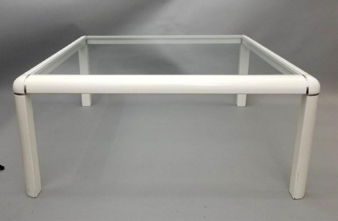 DUX Square White Wood Chrome & Glass Coffee Table: DUX Square White Painted Wood, Chrome & Glass Coffee Table. Purchased by the owner in the London DUX store, and repainted from black to white 2 years ago. Measures 19 x 43 x 43 inches.