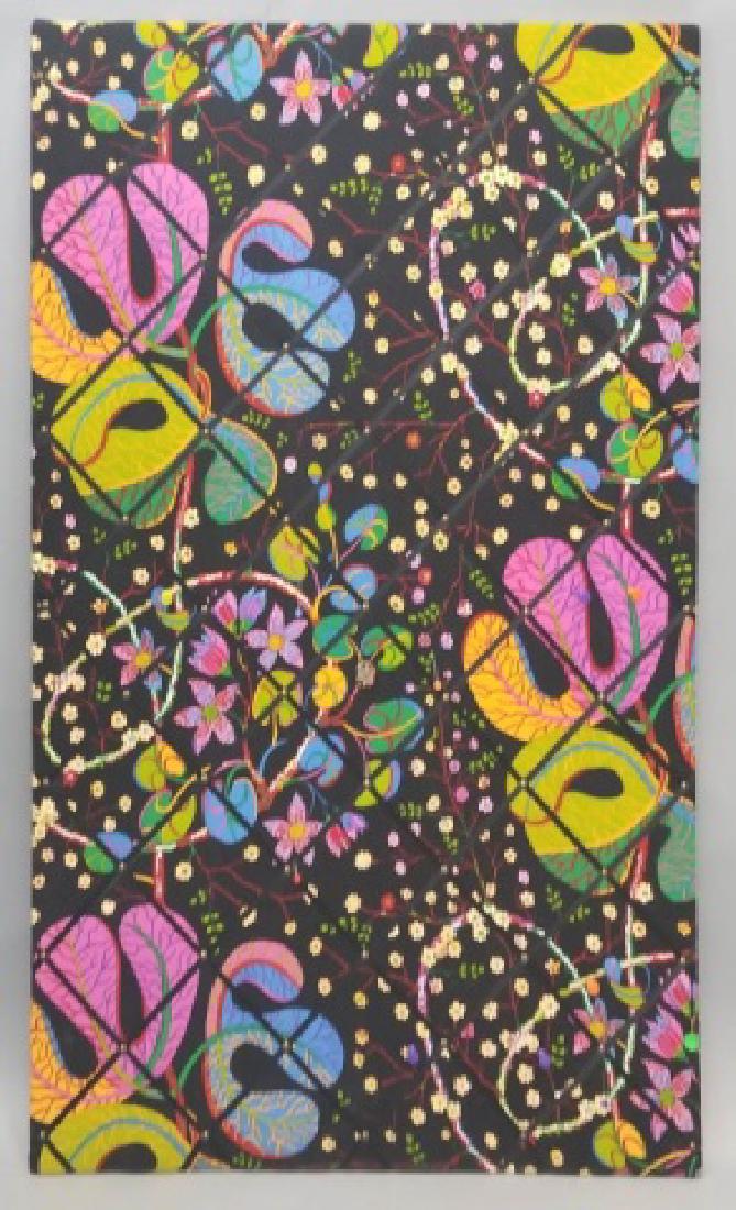 Large Bulletin Board Covered w Josef Frank Fabric: Large Bulletin Board Covered w labeled Josef Frank Black & Floral Textile Fabric. Measures 35 x 55 inches and is criss crossed with black faille ribbon and brass tacks.