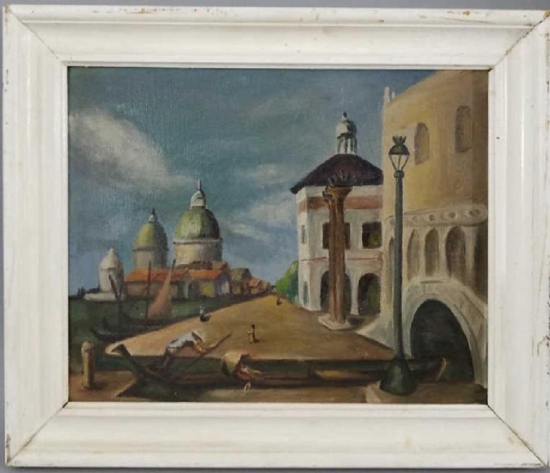 School of de Chirico Venetian Canal Painting: School of de Chirico Venetian Canal and Gondola Painting, with Santa Maria de la Salute in background. Framed but unsigned. Oil on Masonite or Isorel, measuring 21 x 25 inches.