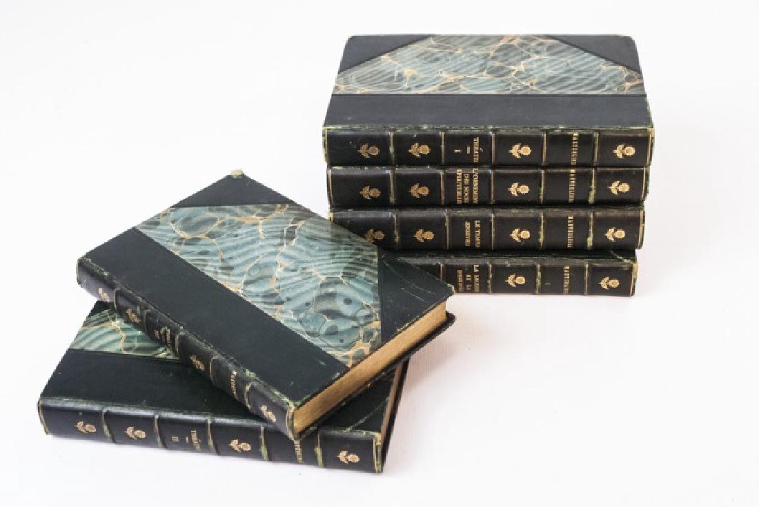 French Antique Leather-Bound Volumes-Maeterlinck: 6 Antique Leather-Bound Volumes of Maurice Maeterlinck - in French. Published around 1909 by Bibliotheque Charpentier, Paris. This grouping includes La Sagesse et La Destinee, and Theater Vols. I, II,