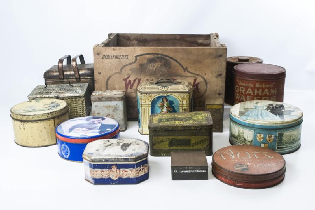 Large Collection of Antique Tins in Wooden Crate (1 of 12)