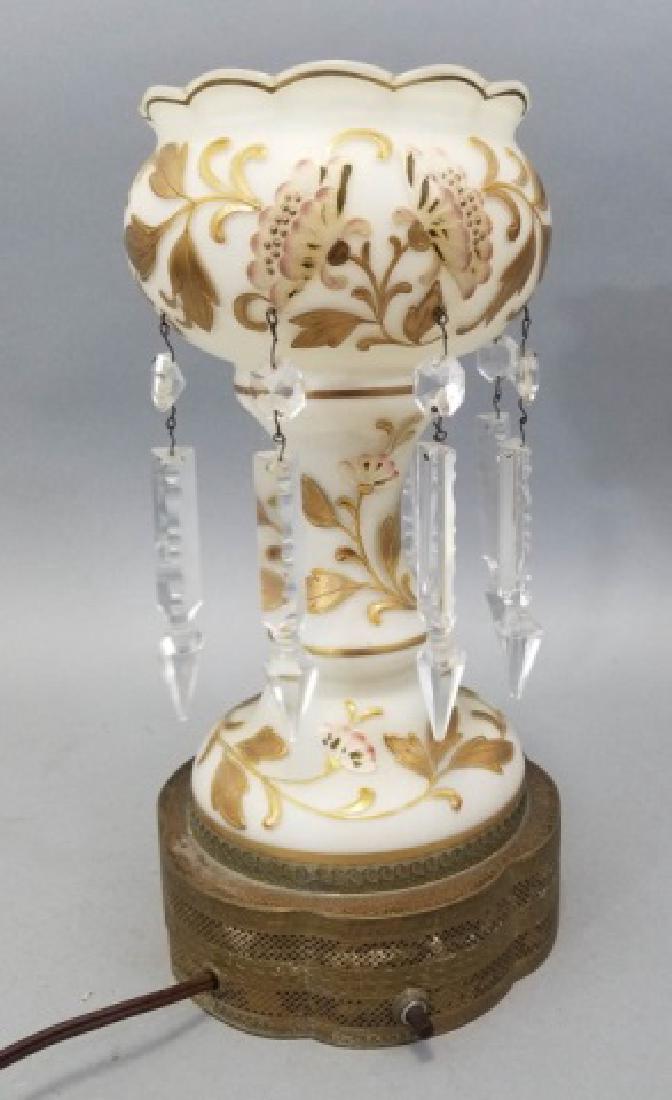 Antique Hand Painted Satin Glass Lamp w Crystals: Antique Hand Painted Satin Glass Lamp w Crystals & Ormolu Base. Measures 12 inches in height.
