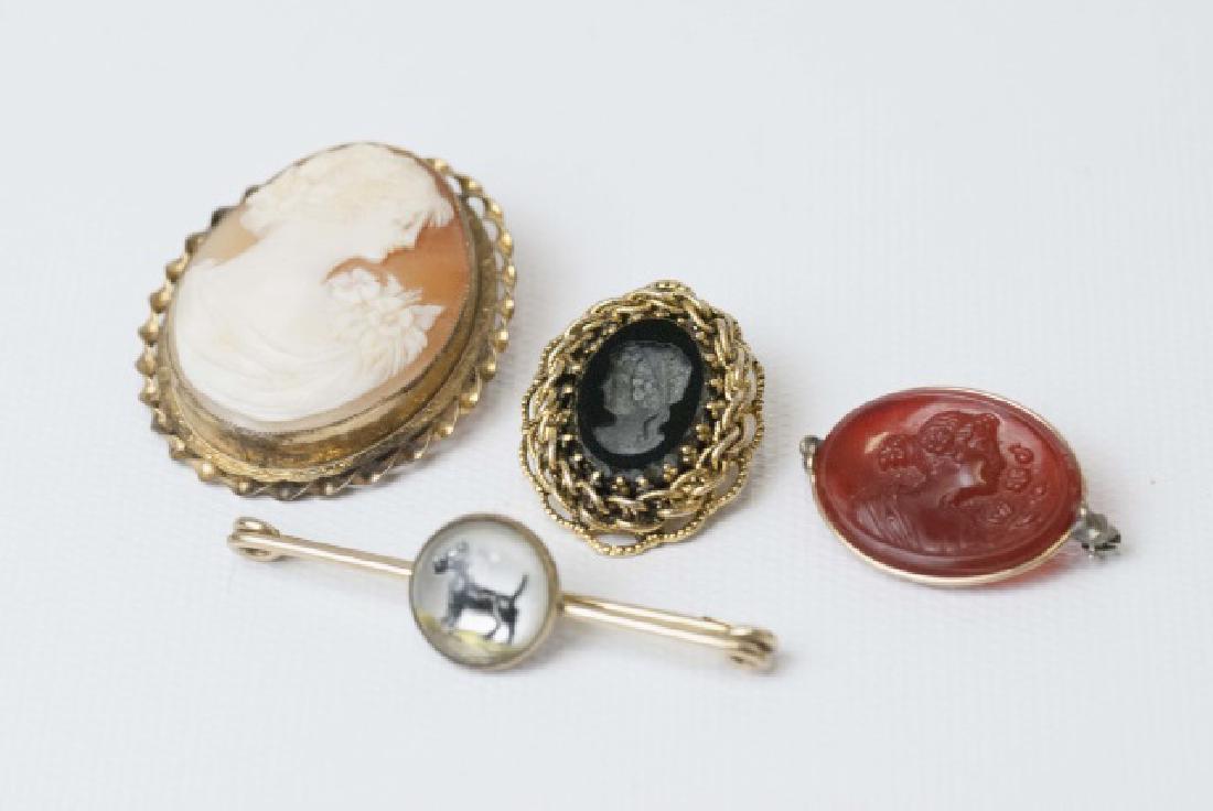 Antique Estate Shell Cameo, Intaglio & Essex Glass: Antique / Estate Shell Cameo Necklace Pendant & Brooch, Intaglio Brooch, Intaglio Pendant & Essex Style Glass Brooch w Dog. Large cameo measures 1.75 inches in length.