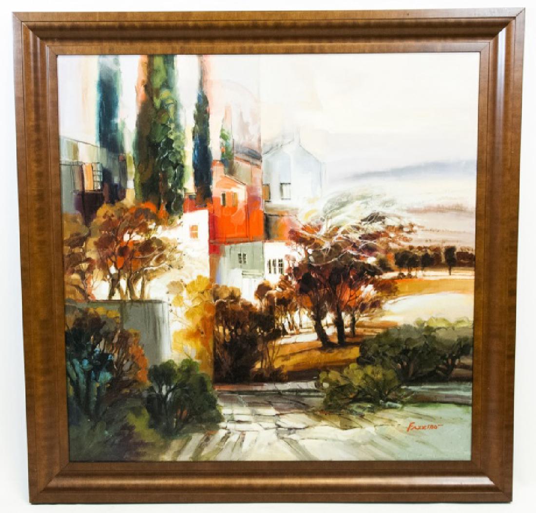 Fazzino Signed Large Painting of Rural Village: Fazzino Signed Large Painting of Rural Village, in a contemporary wood & black frame. Measures 43 inches square.