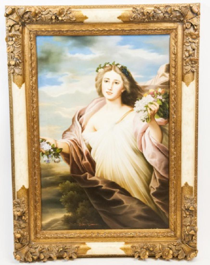 Painting on Canvas of Woman, Signed John Danson: Painting on Canvas of young woman with flowers, Signed John Danson. Having an ornate marbled-texture & bronze frame. Measures 46 x 34 inches.
