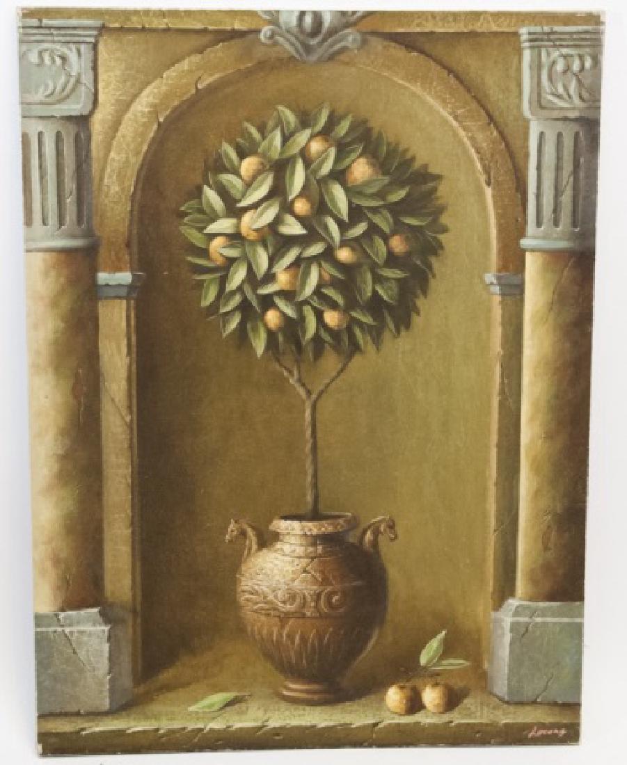 Lorens - Painting of Lemon Tree Topiary in Urn: Painting of Lemon Tree in Urn on stretched canvas, Signed Lorens. Measures 30 x 40 inches.