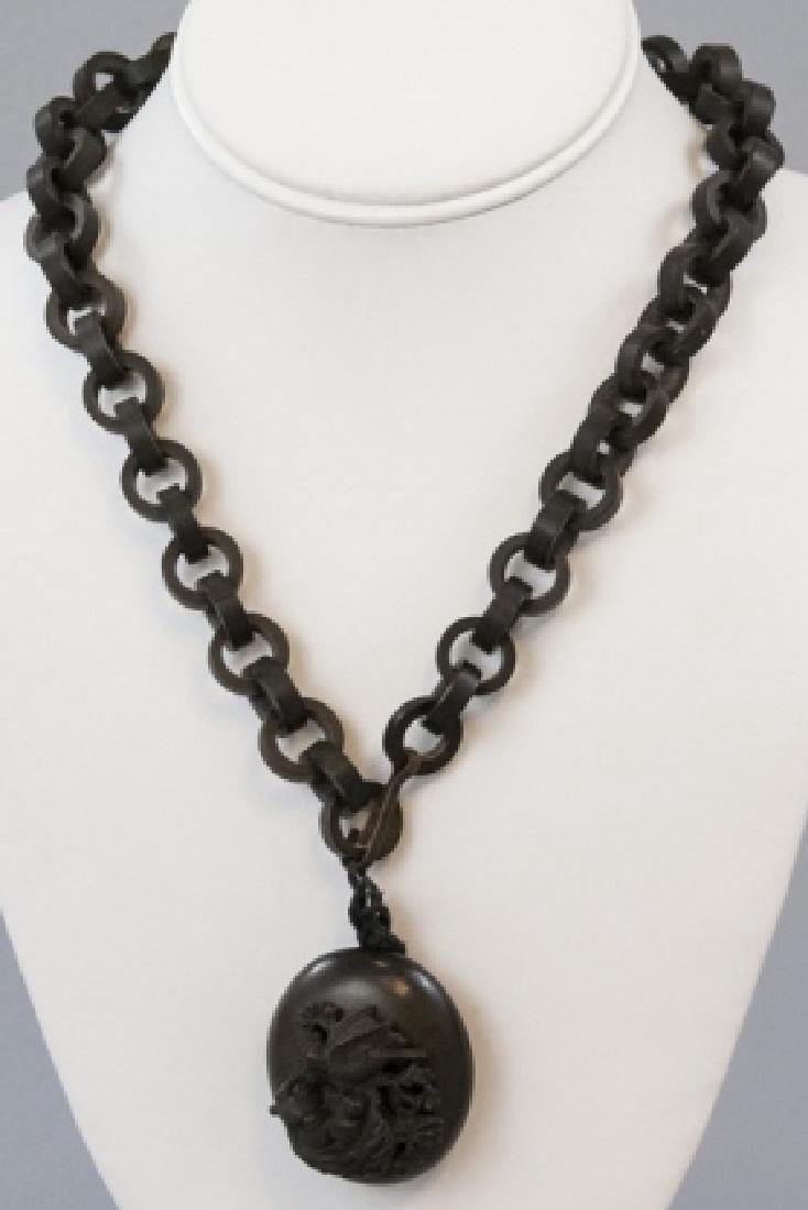 Antique 19th C Carved Gutta Percha Locket Necklace (1 of 5)