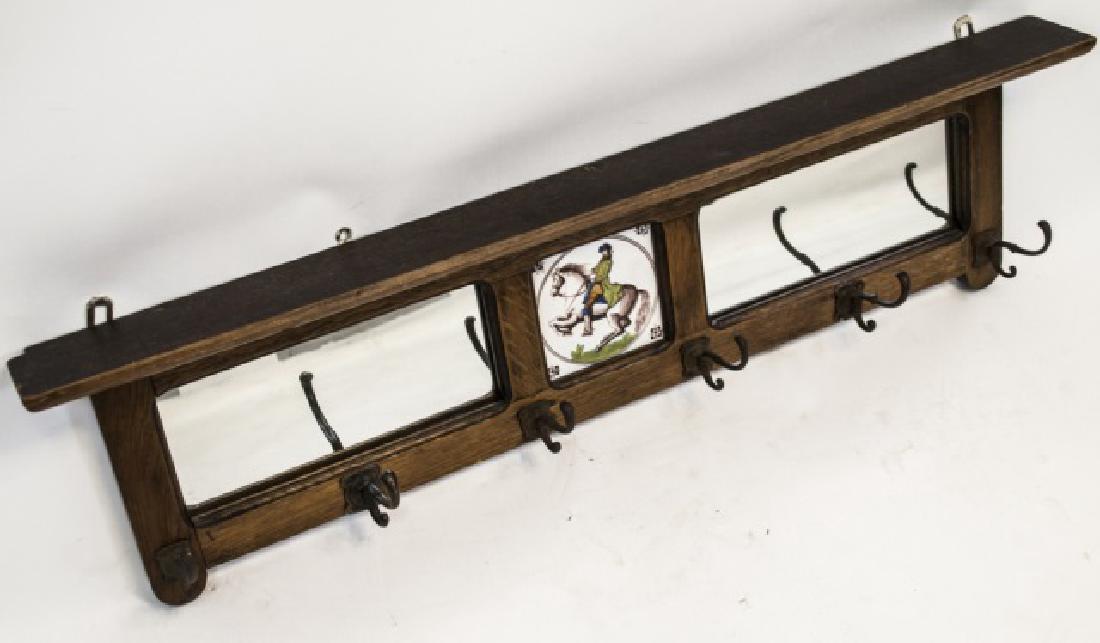 Antique Carved Oak Coat Rack w Delft Tile (1 of 4)