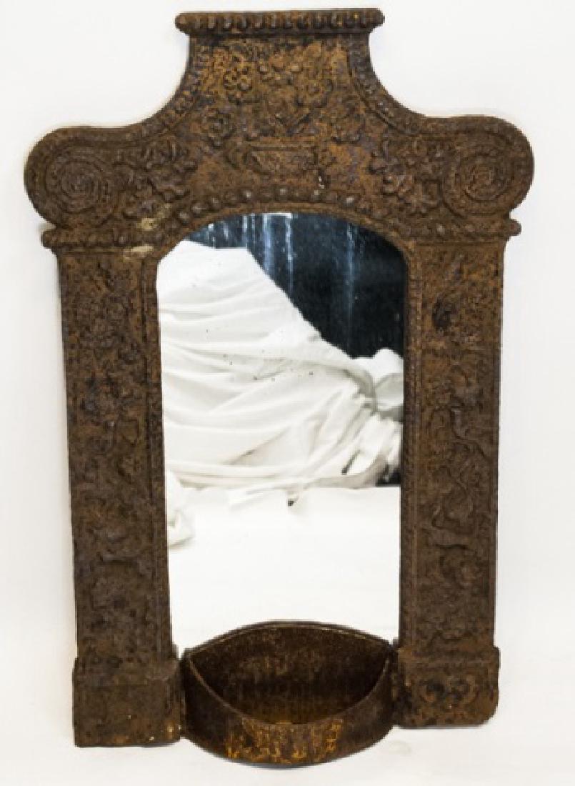 Antique 19th C Cast Iron Fireback Panel w Mirror (1 of 4)