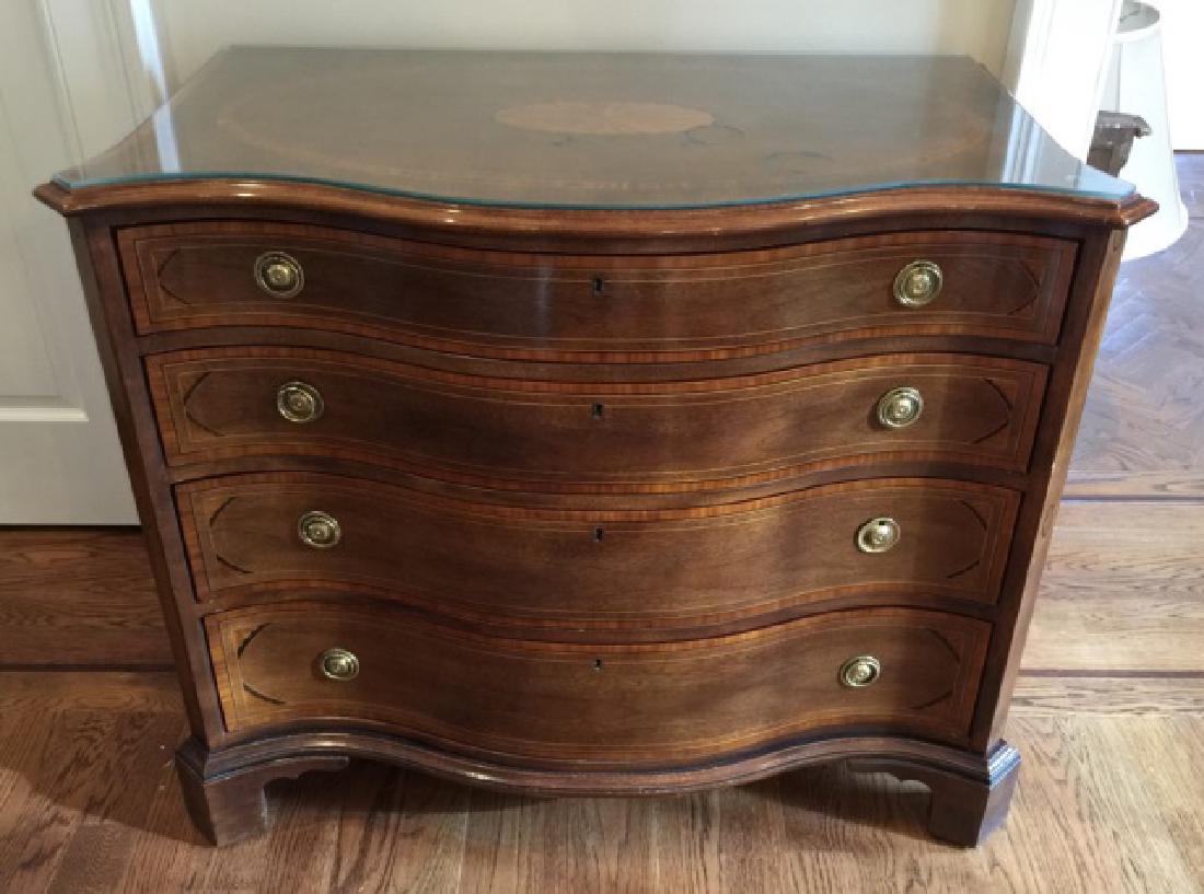 Henredon Marquetry Wood Serpentine Chest of Drawer: Henredon Marquetry Wood Inlaid Serpentine Front Chest of Drawers. Measures 34 x 41 x 23 inches. From a designer decorated Connecticut home.