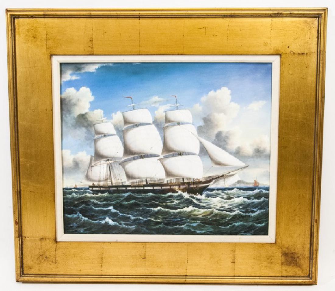 Framed Ship Painting on Canvas, Signed Nicholas: Framed Ship Painting on Canvas, Signed Nicholas in black at lower right. Wide copper-tone wood frame with narrow linen matting. Measures 31 x 36 inches.