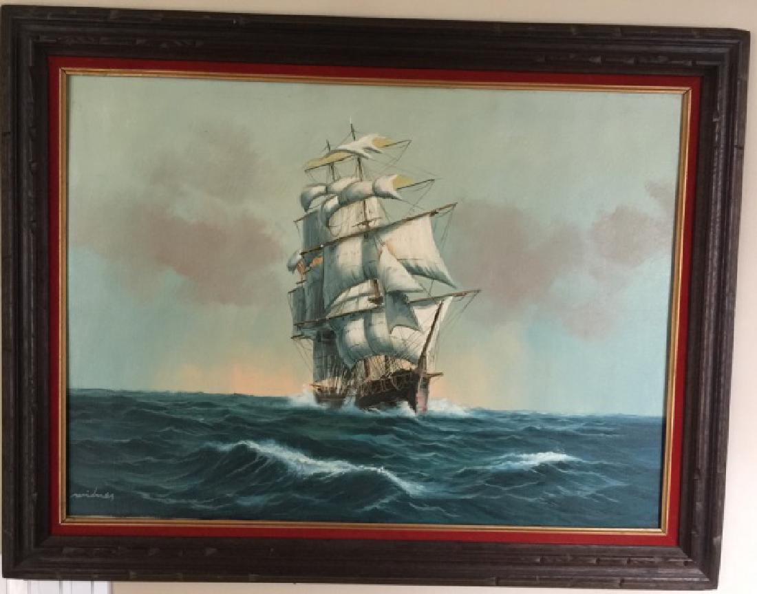 Signed Vintage Nautical Painting of Ship on Ocean (1 of 3)