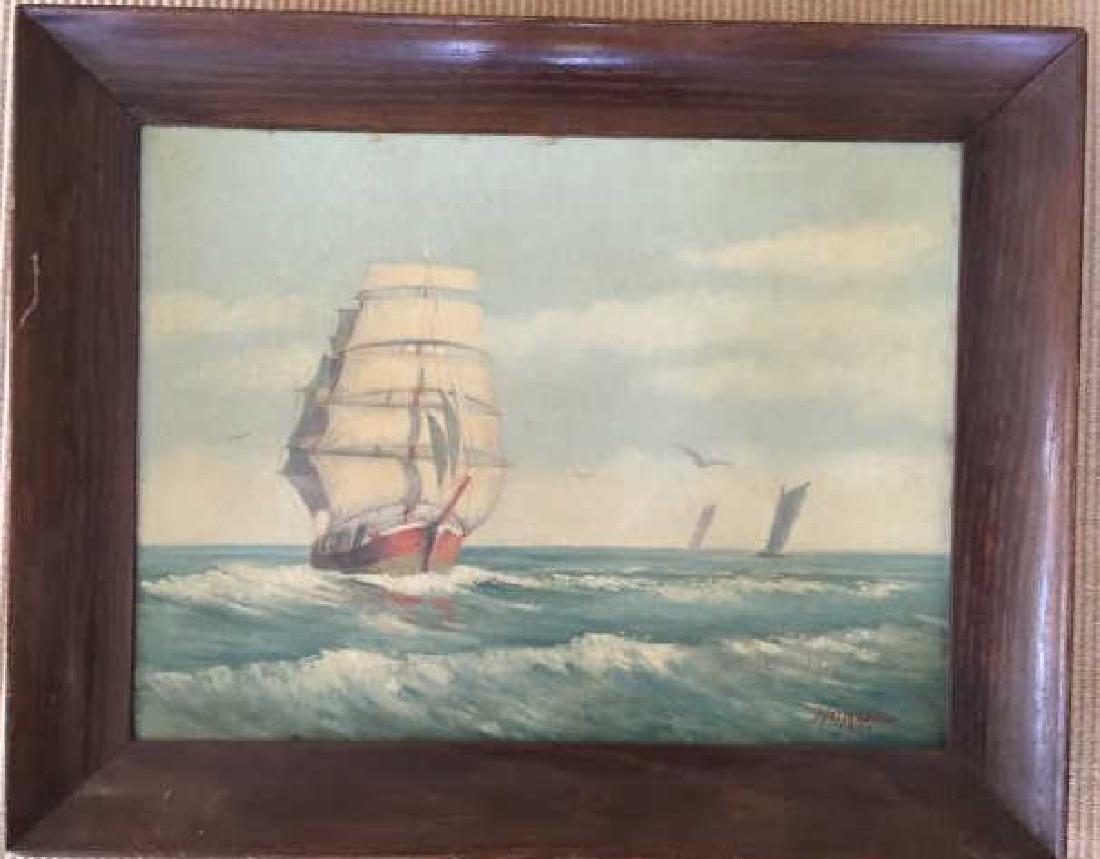 Signed Vintage Nautical Painting Ship & Sail Boat (1 of 4)