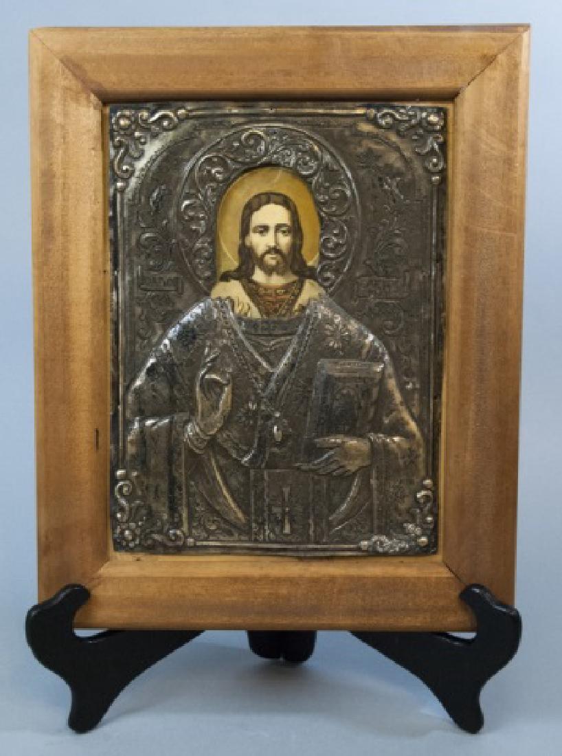 Framed Russian Silver-Tone Oklad Icon of Jesus (1 of 5)
