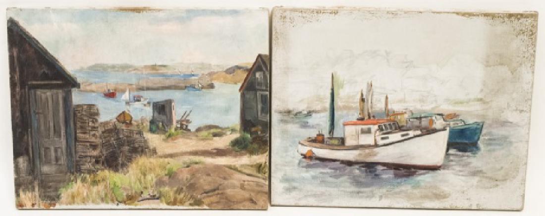 Grace Huntley Pugh Paintings of Fishing Villages: Pair of Paintings of Fishing Villages - Attributed to Grace Huntley Pugh. Measure 16 x 20 inches.