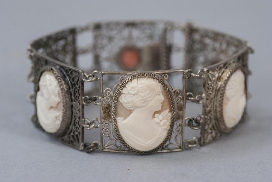 Antique Silver Filigree Cameo & Coral Bracelet (1 of 6)