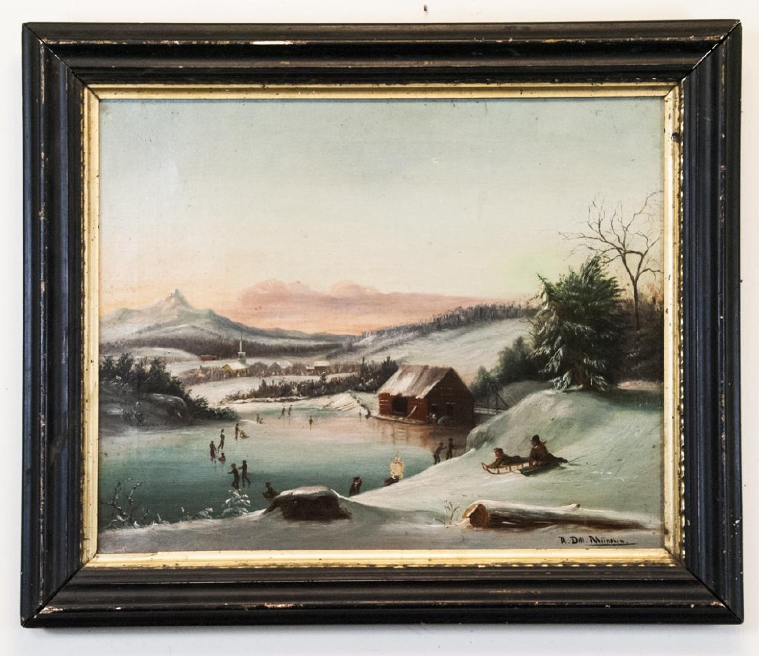 Anton Doll Antique Landscape Oil On Canvas: Anton Doll Antique Landscape Oil On Canvas, the painting features a snow landscape of a frozen pond with a sunset on the horizon, painting features a signature on the bottom left and a black and gold