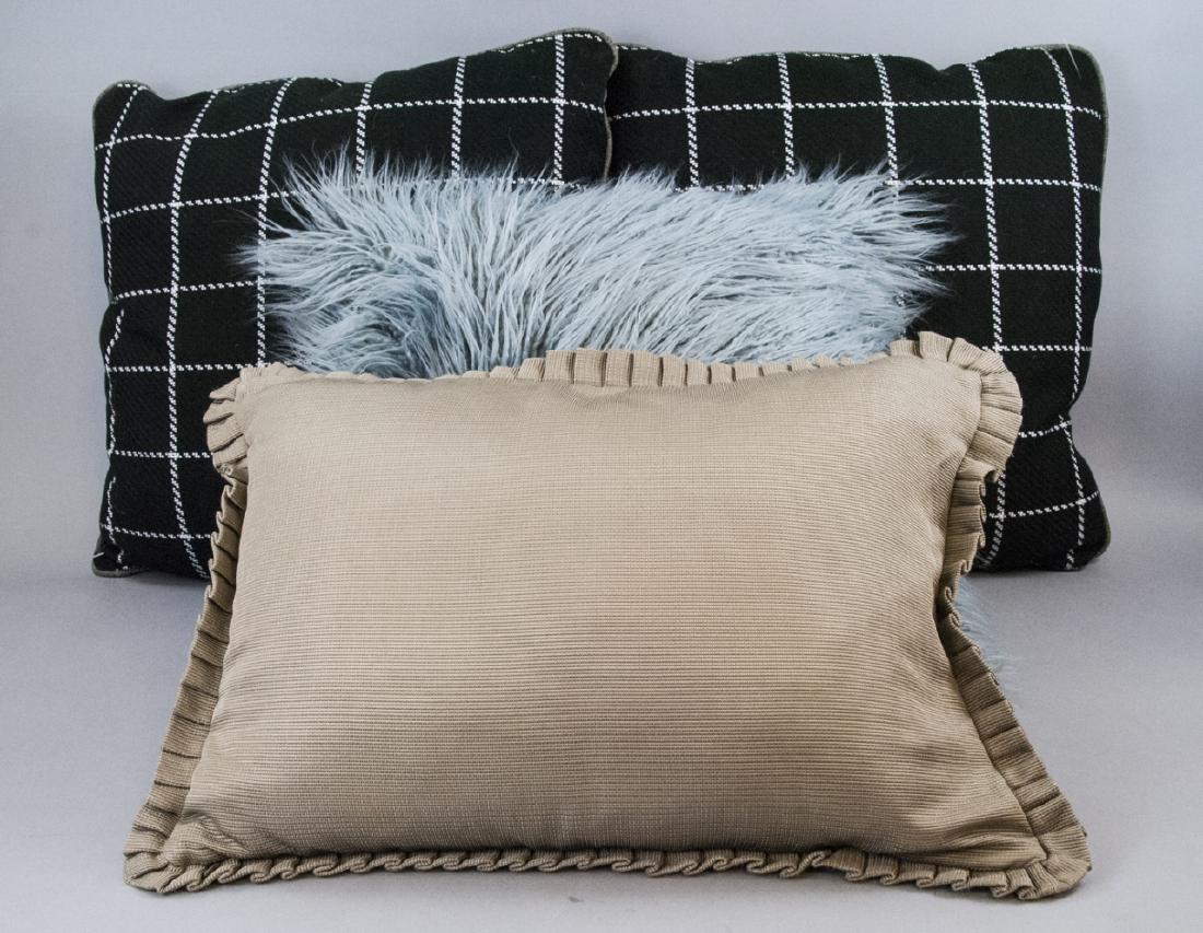 Assorted Group Of Contemporary Pillows: Assorted Group Of Contemporary Pillows, Including 1 DKNY labeled pillow, 2 custom black and white pillows, and 1 custom small light grey pillow, black and white pillows measured at 18 x 18 inches