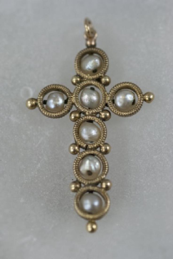 Antique 19th C 14kt Yellow Gold & Pearl Cross (1 of 5)