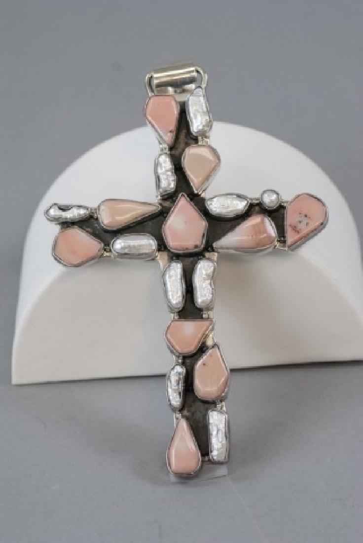 Sterling Silver Coral Pearl Mexican Cross Pendant (1 of 6)
