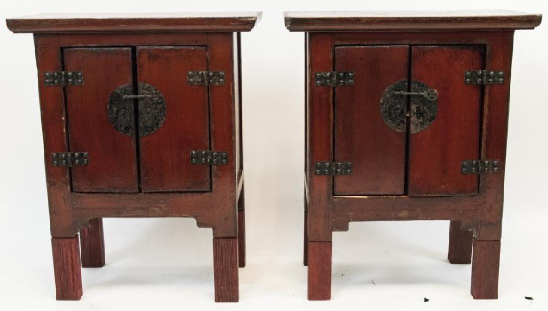 Pair Chinese Style Antique Finish Red Night Stands (1 of 6)