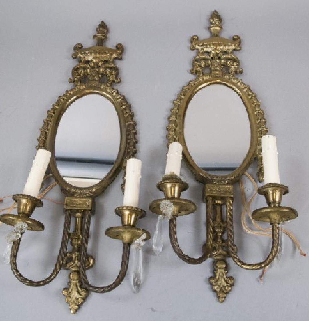 Pair Gilt Metal Double Arm Sconces w Mirrors (1 of 9)
