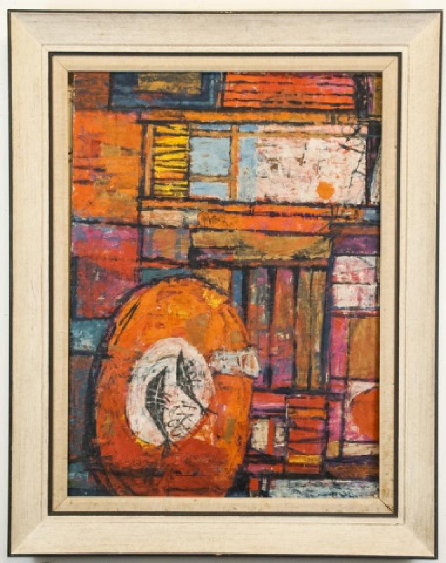 Vintage Lundy Siegriest Gouache On Paper: Vintage Lundy Siegriest Gouache On Paper, this painting features a bright cityscape full of bright reds and oranges, the painting is professionally framed but it coming out, the painting is measured a