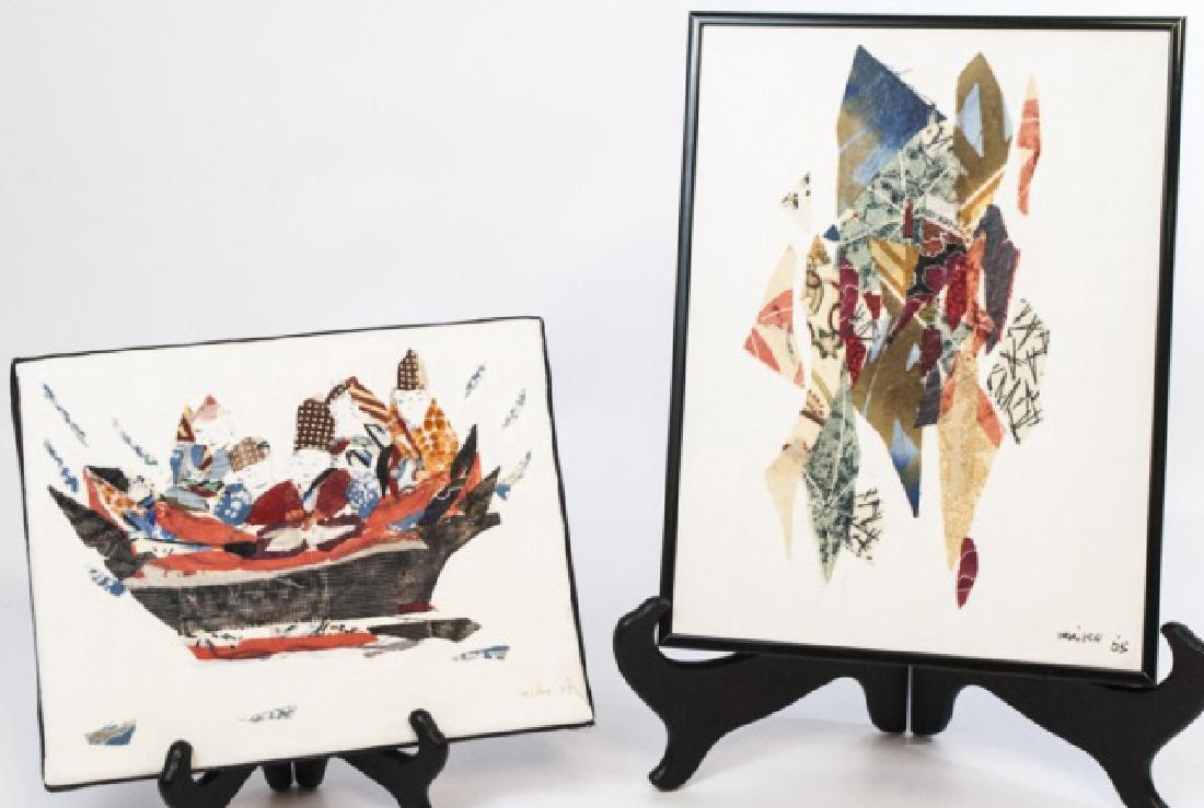 2 Miko Goodnough Original Signed Collage Artworks: 2 Miko Goodnough Original Signed Collage Artworks. Both signed and dated. Both mixed media collages on canvas - one abstract and one of children. Miko Goodnough is the wife of artist Robert Goodnough.