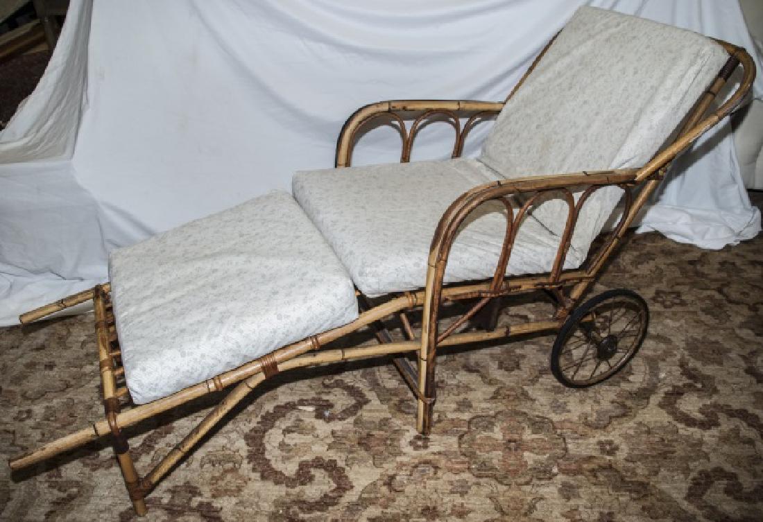 Bamboo Chaise Lounge Chair W/ Cushions On Wheels: Bamboo Chaise Lounge Chair W/ Cushions On Wheels, this chaise lounge chair features a bamboo shell, white cushions, and wheels, the chair is measured at 33 x 76 x 26 inches