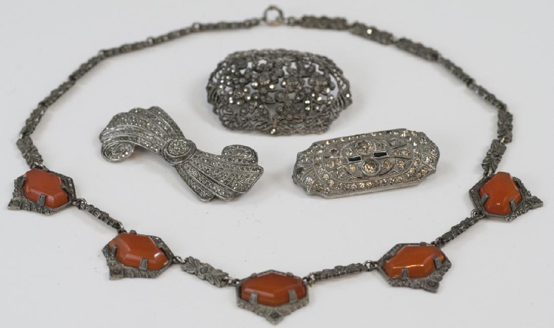 Antique Silver & Marcasite Necklace & Brooches: Antique Silver & Marcasite Necklace & Brooches. Three brooches and one necklace. Necklace measures 16 inches in length.
