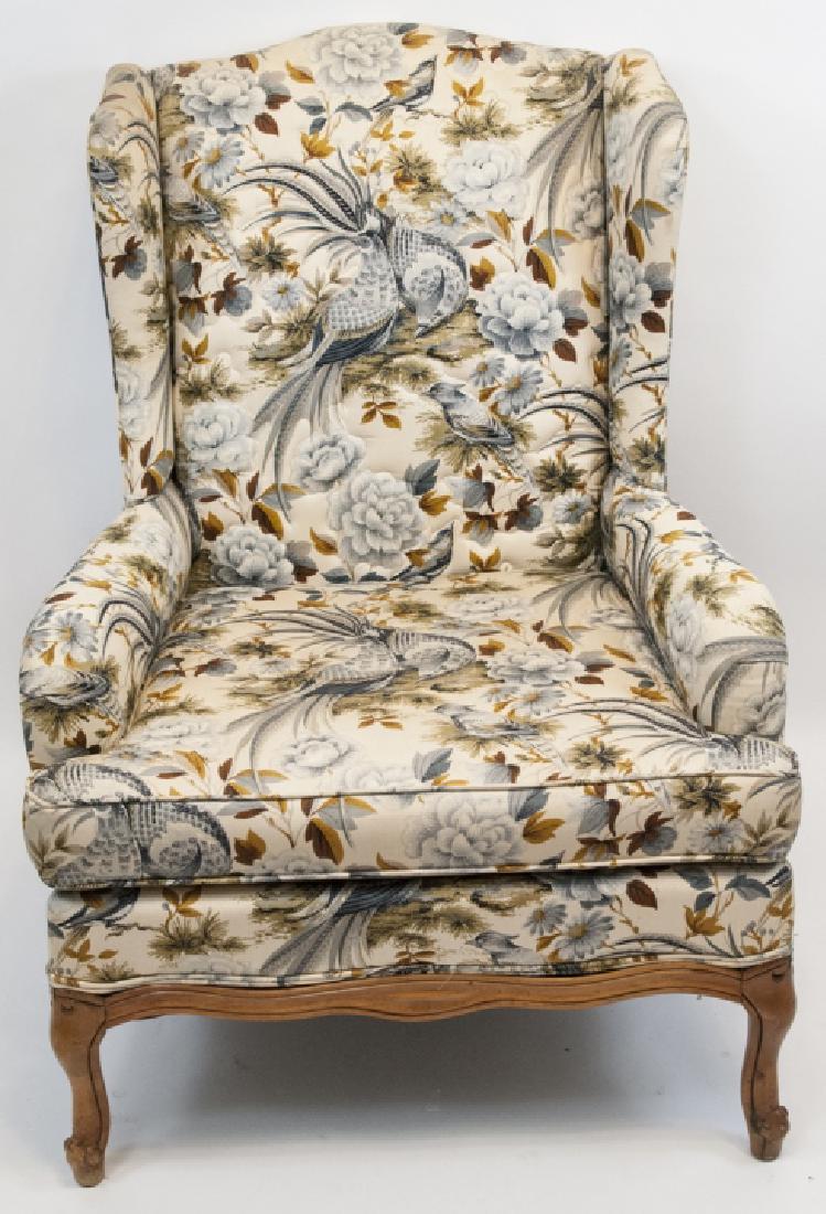 Oriental Style Blue Bird Wingback Arm Chair: Oriental Style Blue Bird Wingback Arm Chair, this chair features a bright floral design with blue birds, the chair has s-curved cabriole legs and is measured at 39 x 24 x 25 inches