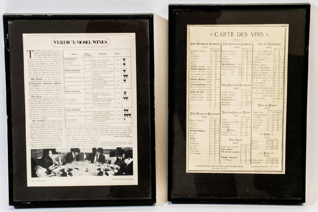 Vintage Framed French Wine Menu & Wine Article: Vintage Framed French Wine Menu & Article about Mosel wines from Food & Wine magazine. Measure 14 x 9.5 inches.
