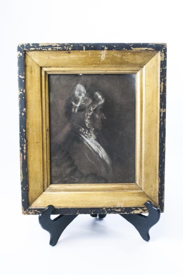 Antique Early American 19th C Gilt Frame Portrait: Antique Early American 19th C Lemon Gilt Frame Portrait. Charcoal / pastel drawing of a lady in period frame. Measures 14.5 x 12.5 inches.
