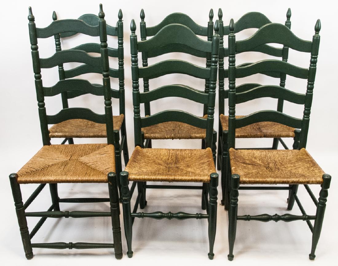 Set Of 6 Vintage Green Chairs W/ Rushed Seats: Set Of 6 Vintage Green Chairs W/ Rushed Seats, this set of chairs feature green painted wood with a ladder back, the chairs are all measured at 41 x 16 x 15 inches