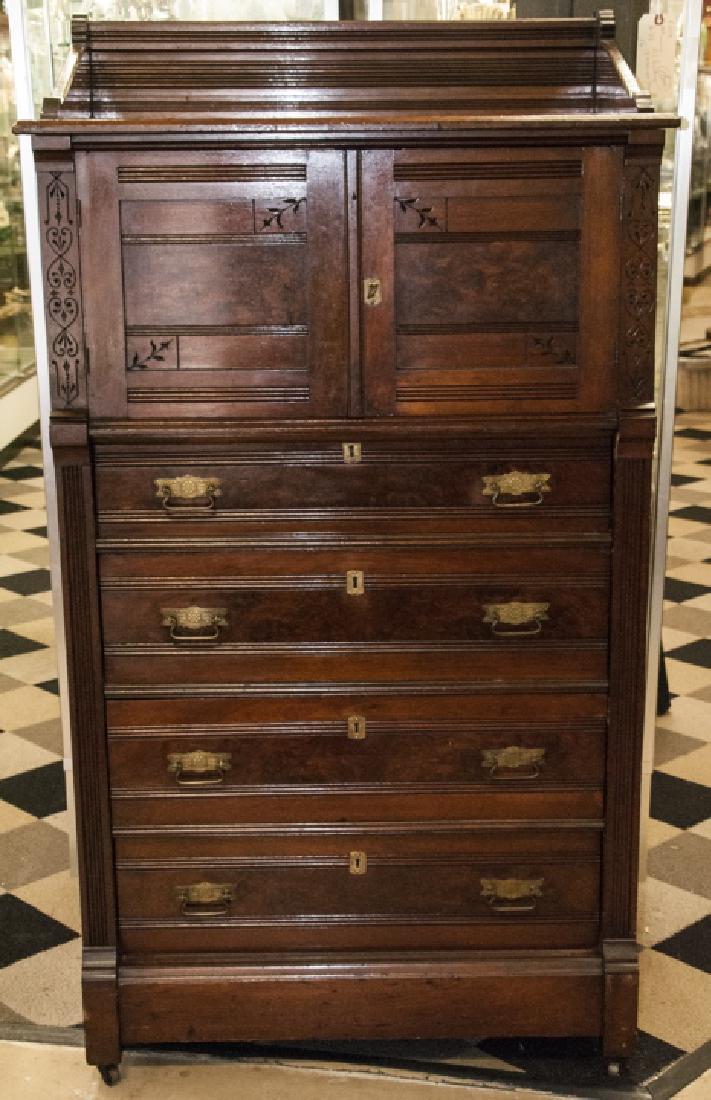 19th Century American Cabinet W/ Burl Wood Panels: 19th Century American Cabinet W/ Burl Wood Panels, this tall cabinet features burl wood cabinet with two shelves, key lock and original key, the cabinet features 4 drawers with key holes, the cabinet