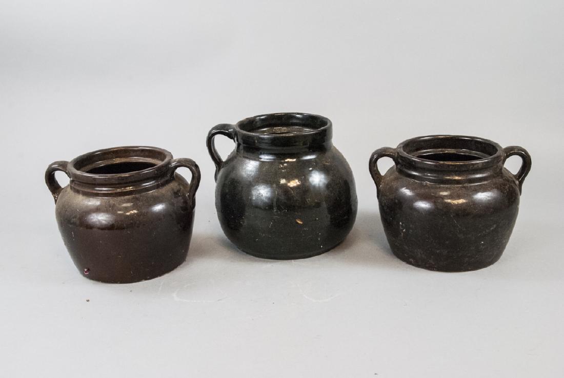 Three Dark Brown Glazed Pottery Cooking Pots (1 of 8)