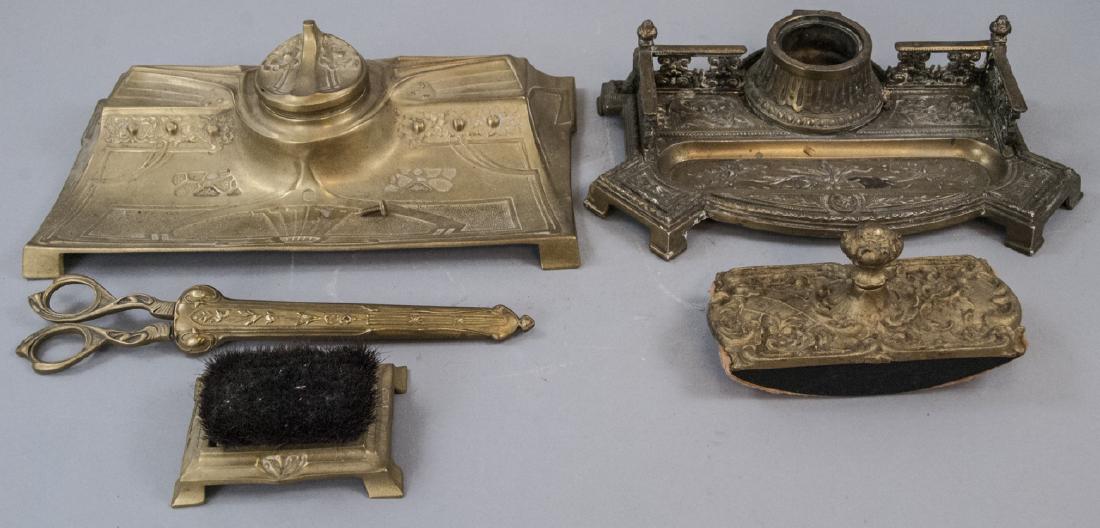 2 Antique Bronze Inkwell Desk Sets W/ Accessories (1 of 7)