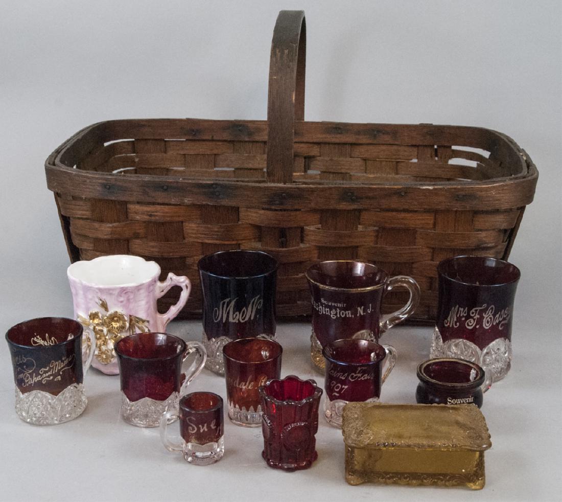Group Lot Ruby Glass Mugs, Pressed Glass & Basket (1 of 10)