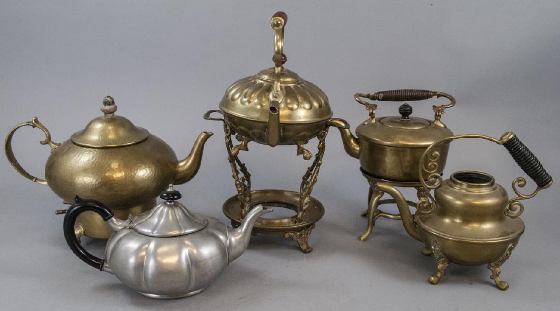 5 Antique Brass & Pewter Teapots W/ 2 Stands (1 of 7)