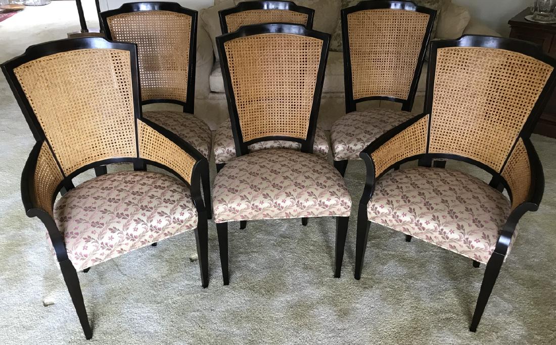 Set of Six Baker Caned & Upholstered Dining Chairs: Set of Six Baker Caned & Upholstered Dining Chairs. Measures 38 x 24 x 19 inches. Property of a Greenwich, CT estate.
