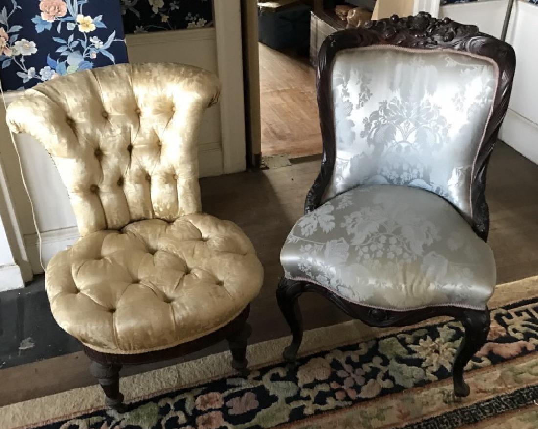 Two Antique Slipper Chairs - Tufted & Carved (1 of 7)